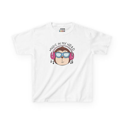 Front view of a white "Music In My Head" monkey kids T-shirt featuring a cartoon monkey wearing headphones. Part of the Vivid Divergence Sensory Friendly Kids Shirts Range. The perfect T-shirt for sensory-sensitive kids and comes with a Sensory Satisfaction Promise.