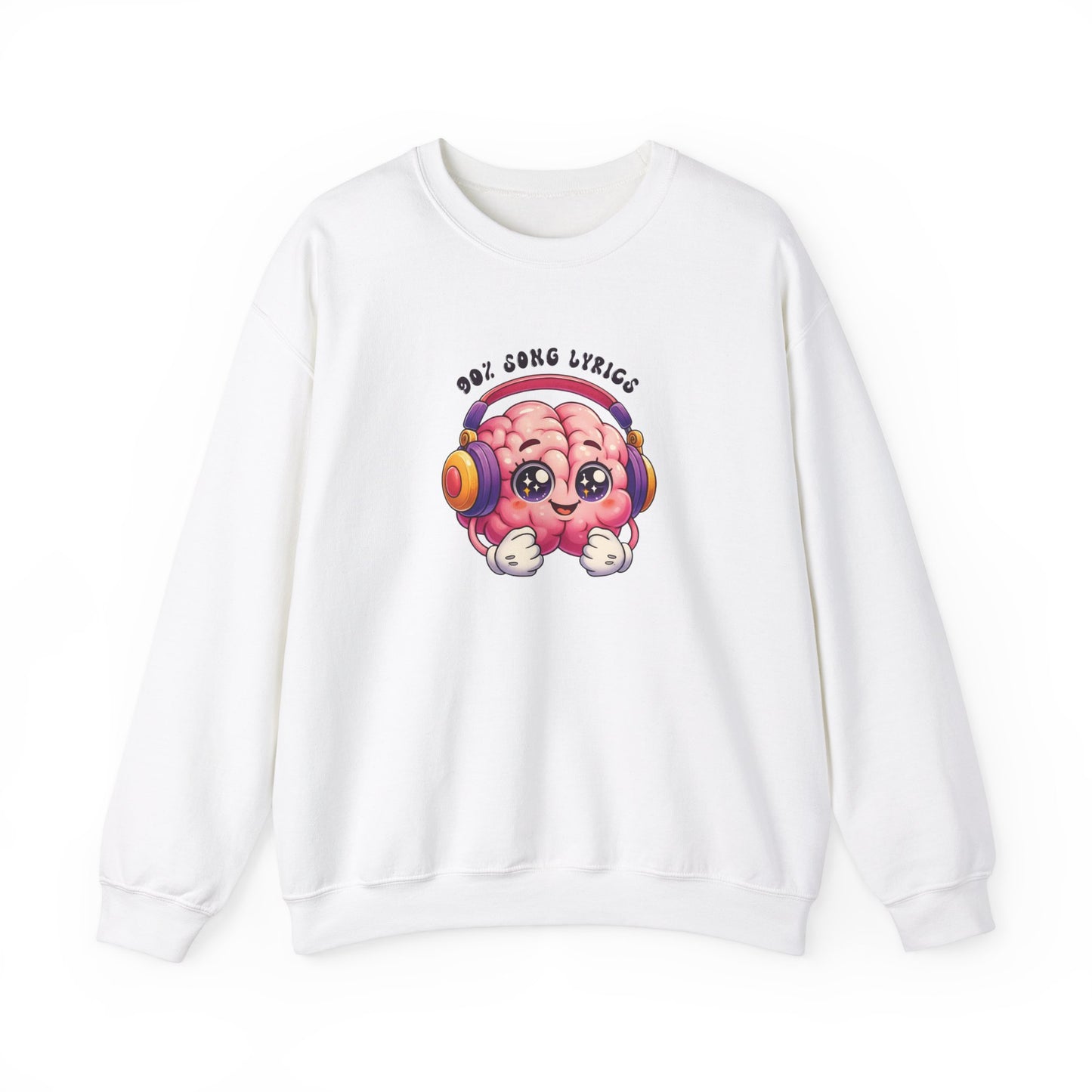 Front view of a white sweater jumper with the text "My Brain is 90% Song Lyrics" and a cartoon brain illustration with musical notes. Part of the Vivid Divergence Sensory Friendly Unisex Sweater Jumper Range.