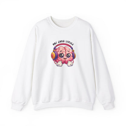 Front view of a white sweater jumper with the text "My Brain is 90% Song Lyrics" and a cartoon brain illustration with musical notes. Part of the Vivid Divergence Sensory Friendly Unisex Sweater Jumper Range.