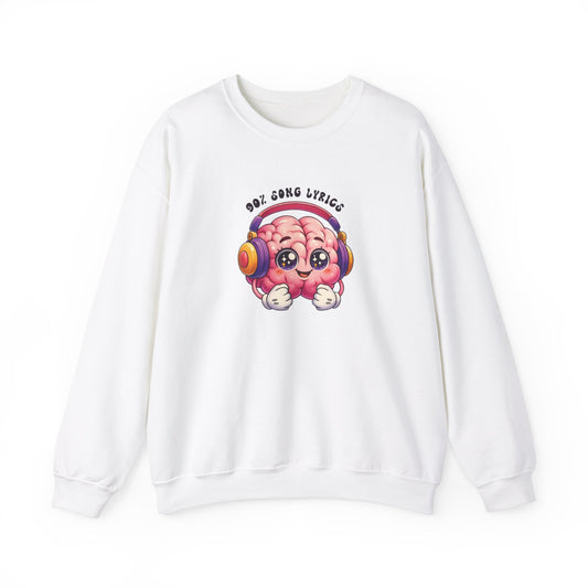 Front view of a white sweater jumper with the text "My Brain is 90% Song Lyrics" and a cartoon brain illustration with musical notes. Part of the Vivid Divergence Sensory Friendly Unisex Sweater Jumper Range.