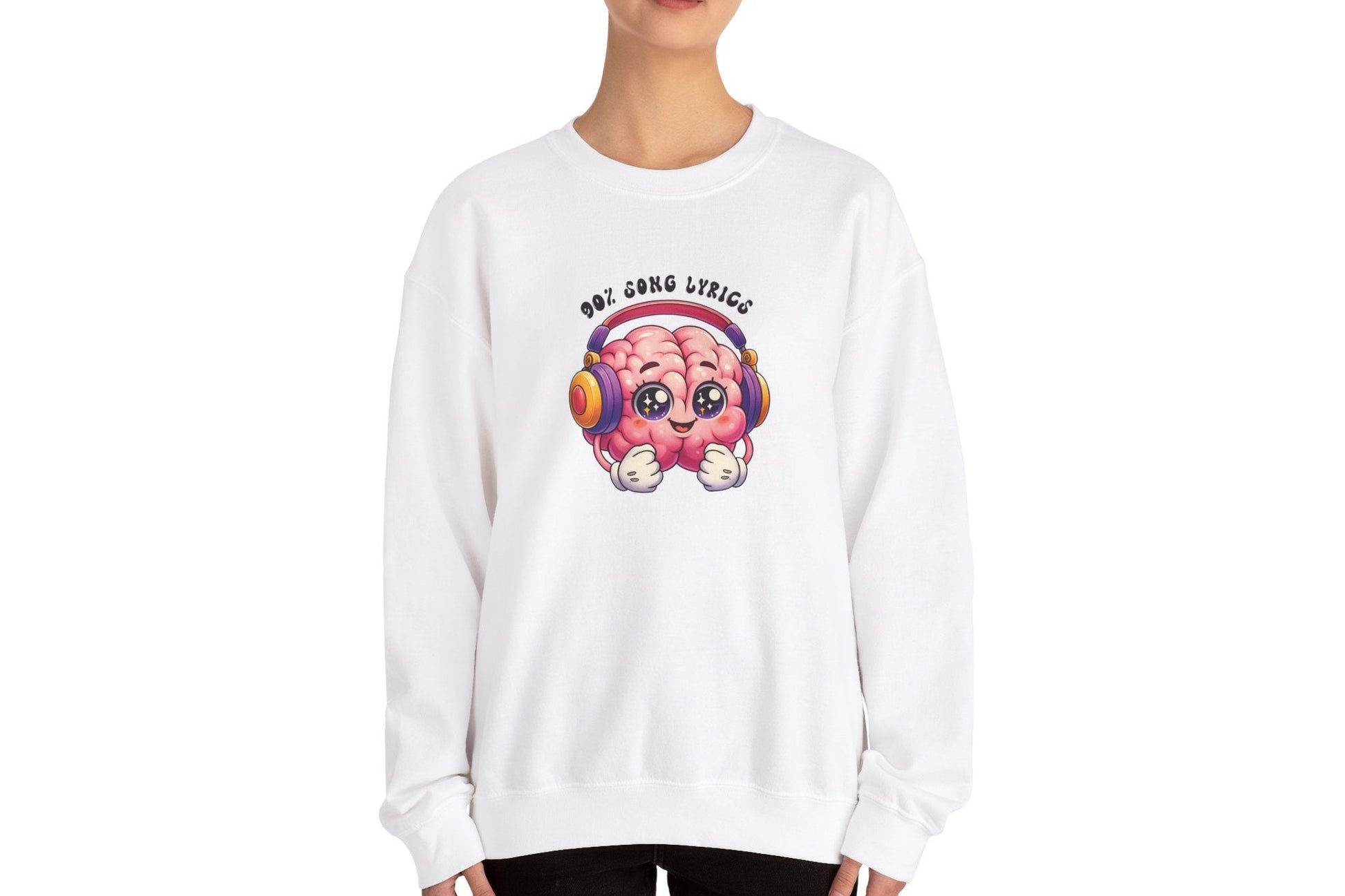 Model wearing a white sweater jumper with the text "My Brain is 90% Song Lyrics" and a cartoon brain illustration with musical notes. Part of the Vivid Divergence Sensory Friendly Unisex Sweater Jumper Range.