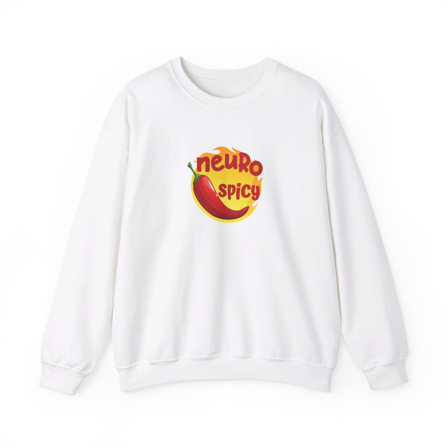 Front view of a white sweater jumper featuring a red chili pepper graphic with the text "Neuro-Spicy" in bold yellow lettering. Part of the Vivid Divergence Sensory Friendly Unisex Sweater Jumper Range.