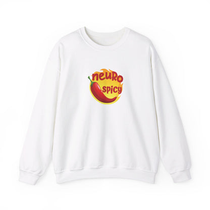 Front view of a white sweater jumper featuring a red chili pepper graphic with the text "Neuro-Spicy" in bold yellow lettering. Part of the Vivid Divergence Sensory Friendly Unisex Sweater Jumper Range.