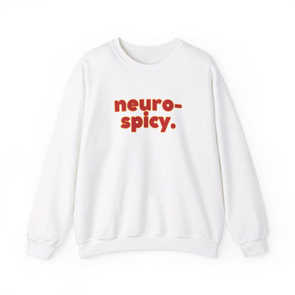 Front view of a white sweater jumper with the text "neuro-spicy." in bold red lettering. Part of the Vivid Divergence Sensory Friendly Unisex Sweater Jumper Range.