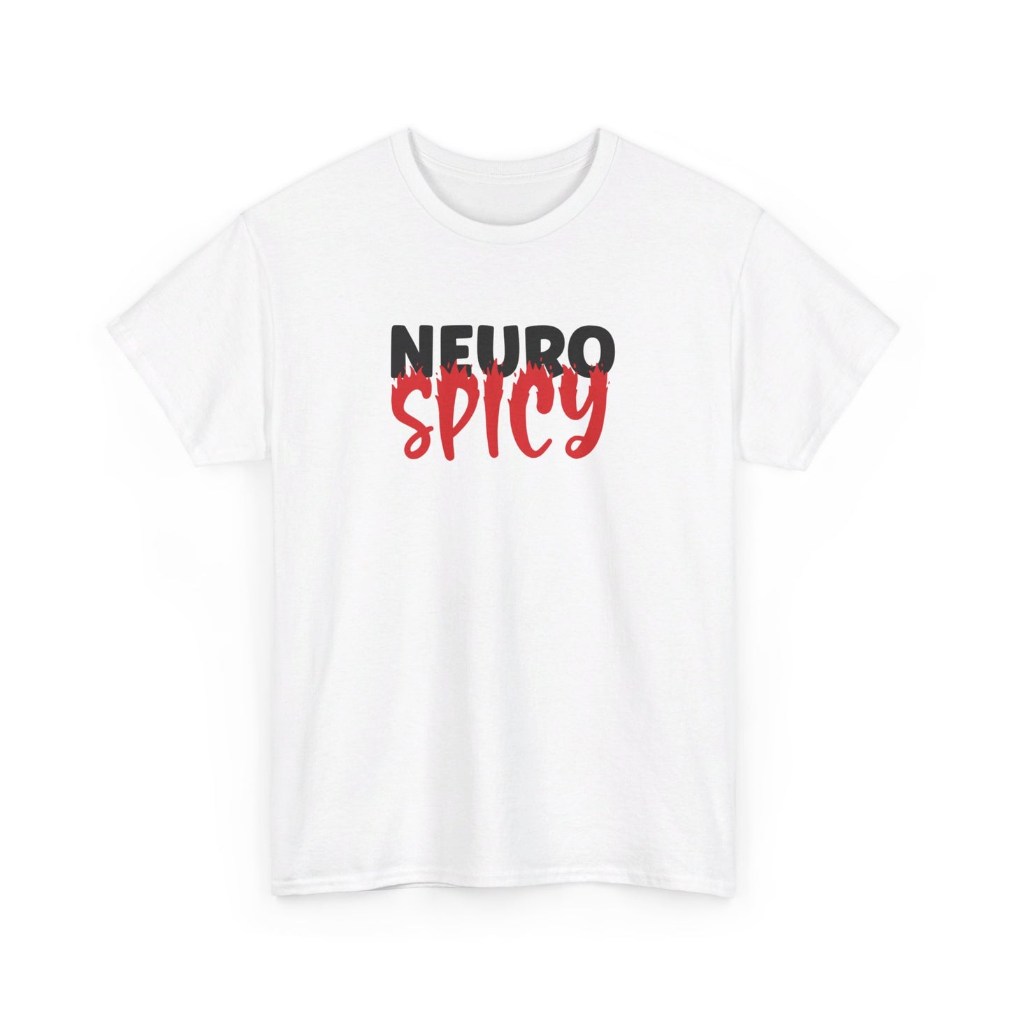 Front view of a white T-shirt with "Neuro Spicy" text in bold white and red. Part of the Vivid Divergence Sensory Friendly Unisex Tees Range.