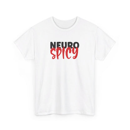 Front view of a white T-shirt with "Neuro Spicy" text in bold white and red. Part of the Vivid Divergence Sensory Friendly Unisex Tees Range.