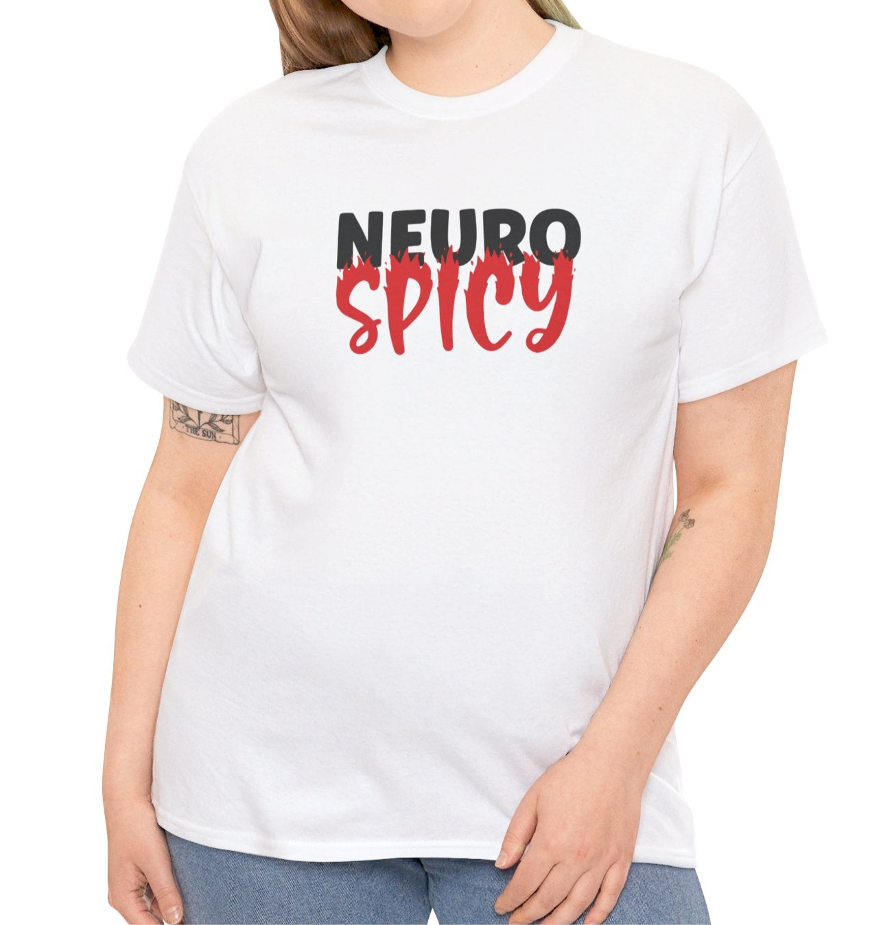 Model wearing a white T-shirt with "Neuro Spicy" text in bold white and red. Part of the Vivid Divergence Sensory Friendly Unisex Tees Range.