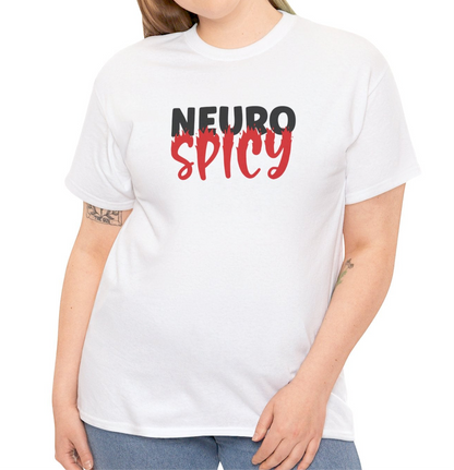 Model wearing a white T-shirt with "Neuro Spicy" text in bold white and red. Part of the Vivid Divergence Sensory Friendly Unisex Tees Range.