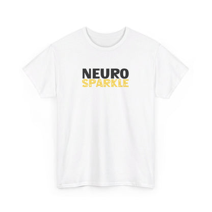 Front view of a white T-shirt with "Neurosparkle" in bold white and yellow text. Part of the Vivid Divergence Sensory Friendly Unisex Tees Range.