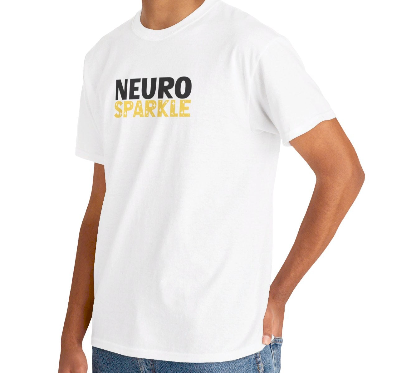 Model wearing a white T-shirt with "Neurosparkle" in bold white and yellow text. Part of the Vivid Divergence Sensory Friendly Unisex Tees Range.
