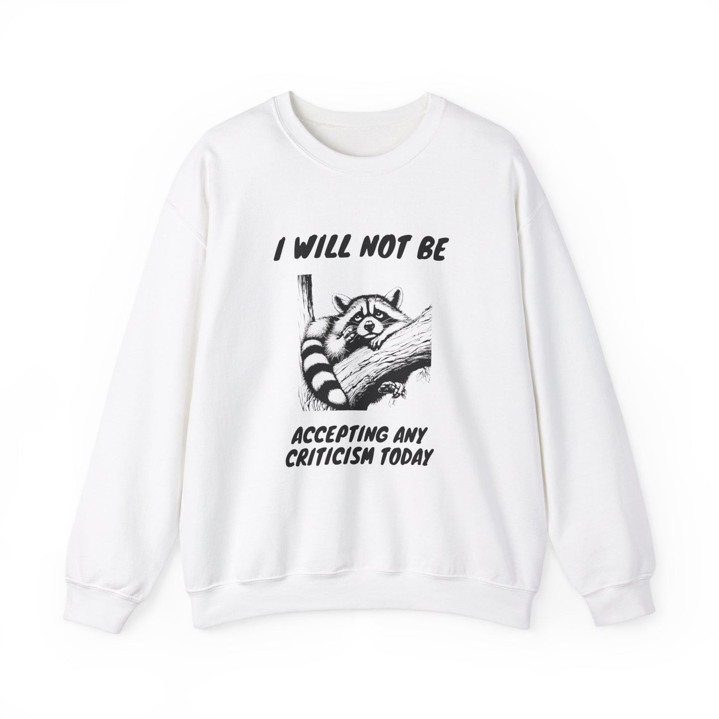 Front view of a white sweater jumper with the text "I Will Not Be Accepting Any Criticism Today" and a cartoon illustration of a hand with a raised finger. Part of the Vivid Divergence Sensory Friendly Unisex Sweater Jumper Range.