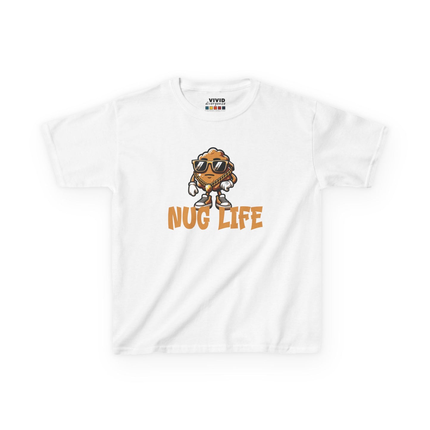 Front view of a white "Nug Life" chicken nuggets kids T-shirt featuring a cool cartoon chicken nugget wearing sunglasses. Part of the Vivid Divergence Sensory Friendly Kids Shirts Range. The perfect T-shirt for sensory-sensitive kids and comes with a Sensory Satisfaction Promise.
