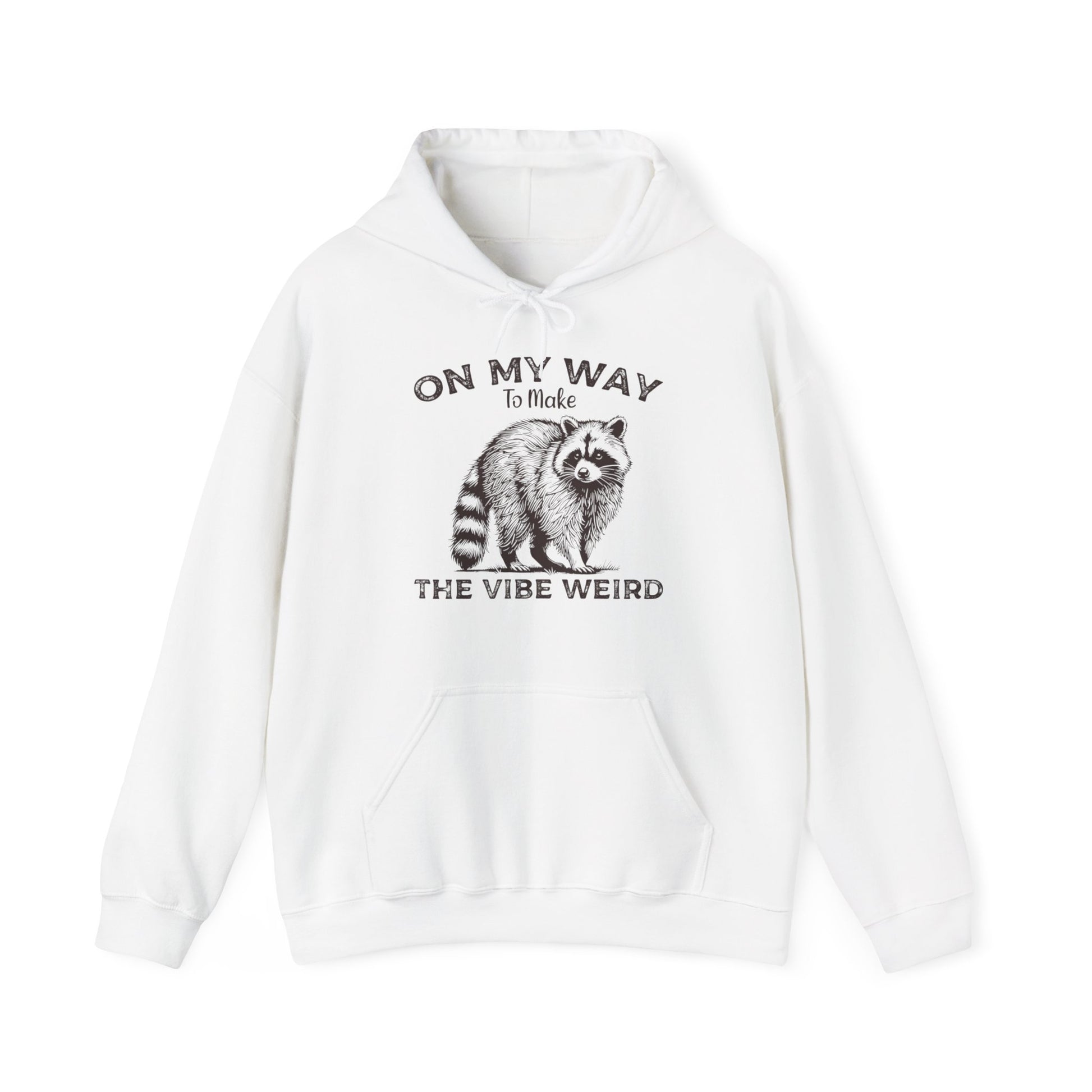 Front view of a white hoodie featuring the text "On My Way to Make the Vibe Weird" and a cartoon illustration of a raccoon holding a stick. Part of the Vivid Divergence Sensory Friendly Unisex Hoodie Range.