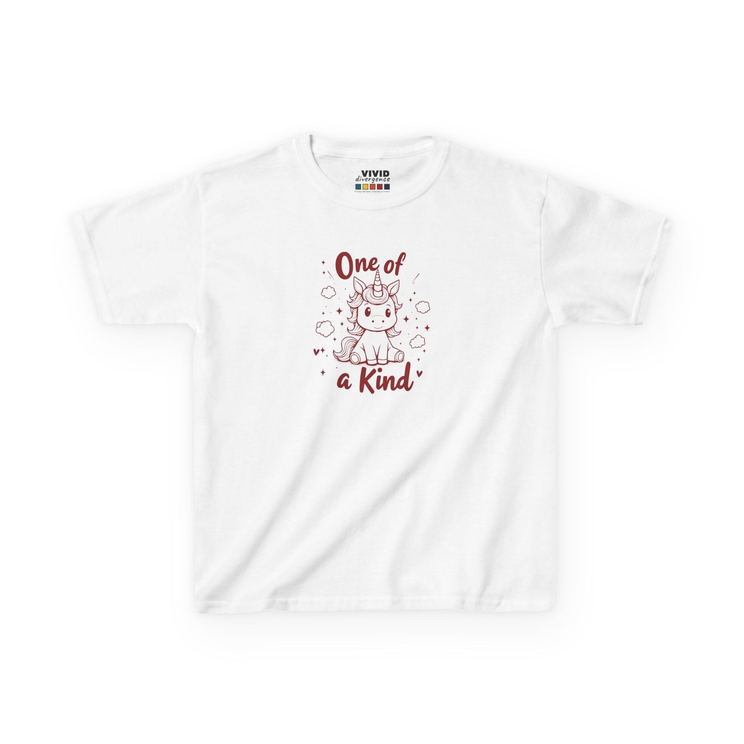 Front view of a white "One of a Kind" unicorn kids T-shirt with a cute unicorn graphic. Part of the Vivid Divergence Sensory Friendly Kids Shirts Range. The perfect T-shirt for sensory-sensitive kids and comes with a Sensory Satisfaction Promise.