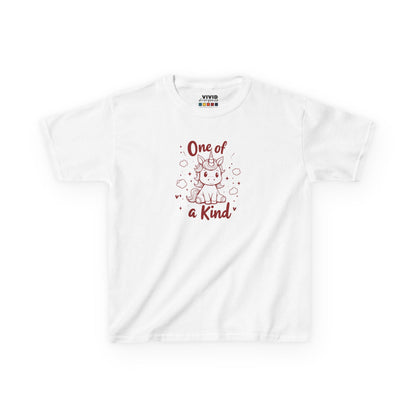 Front view of a white "One of a Kind" unicorn kids T-shirt with a cute unicorn graphic. Part of the Vivid Divergence Sensory Friendly Kids Shirts Range. The perfect T-shirt for sensory-sensitive kids and comes with a Sensory Satisfaction Promise.