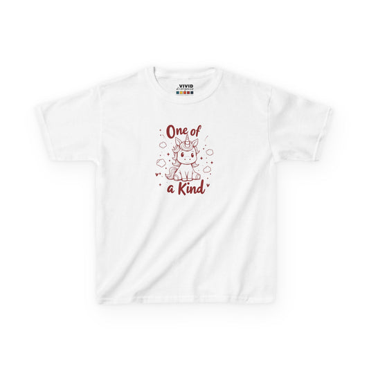 Front view of a white "One of a Kind" unicorn kids T-shirt with a cute unicorn graphic. Part of the Vivid Divergence Sensory Friendly Kids Shirts Range. The perfect T-shirt for sensory-sensitive kids and comes with a Sensory Satisfaction Promise.