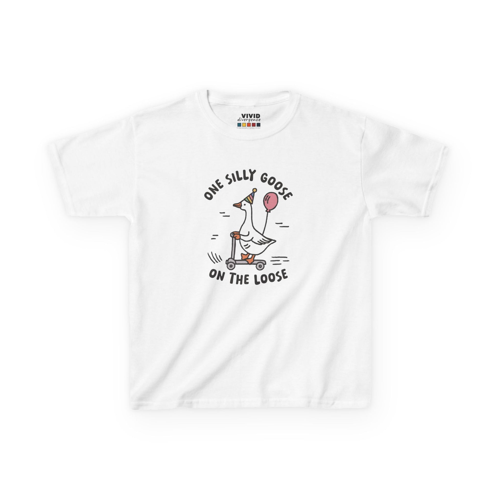 Front view of a white "One Silly Goose On The Loose" kids T-shirt featuring a playful cartoon goose. Part of the Vivid Divergence Sensory Friendly Kids Shirts Range. The perfect T-shirt for sensory-sensitive kids and comes with a Sensory Satisfaction Promise.