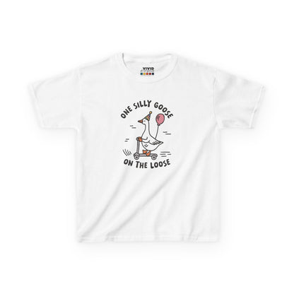 Front view of a white "One Silly Goose On The Loose" kids T-shirt featuring a playful cartoon goose. Part of the Vivid Divergence Sensory Friendly Kids Shirts Range. The perfect T-shirt for sensory-sensitive kids and comes with a Sensory Satisfaction Promise.
