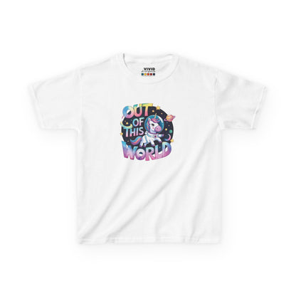 Front view of a white "Out of This World" space unicorn kids T-shirt featuring a colorful unicorn floating in space. Part of the Vivid Divergence Sensory Friendly Kids Shirts Range. The perfect T-shirt for sensory-sensitive kids and comes with a Sensory Satisfaction Promise.