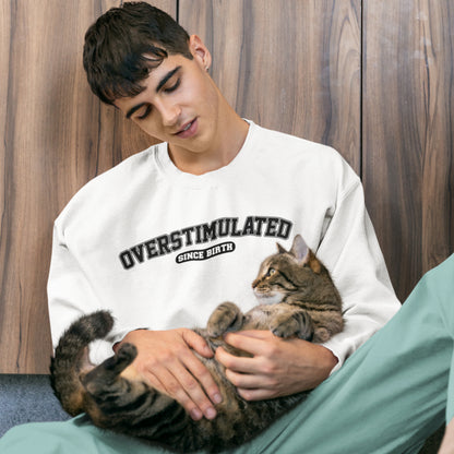 Model wearing a white sweater jumper with the text "Overstimulated Since Birth" in bold black lettering, holding a cat. Part of the Vivid Divergence Sensory Friendly Unisex Sweater Jumper Range.