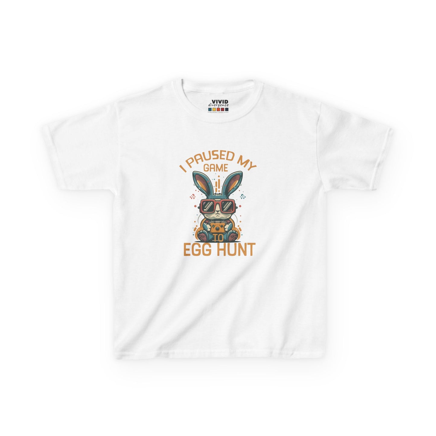 White kids' T-shirt with "I Paused My Game to Egg Hunt" and a gaming-themed bunny, a perfect holiday outfit for video game lovers. Hop into the season in style and shop Easter shirts online today!