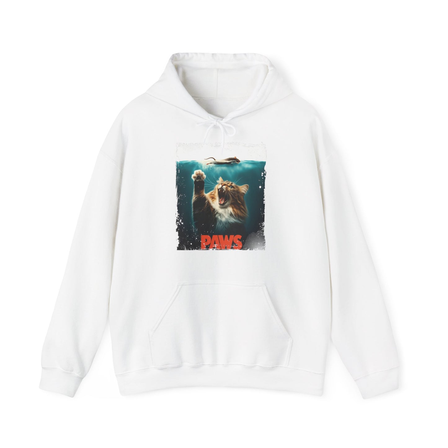 Front view of a white hoodie featuring a Jaws parody design with a cat’s paw reaching toward a swimmer and the text "Paws." Part of the Vivid Divergence Sensory Friendly Unisex Hoodie Range.
