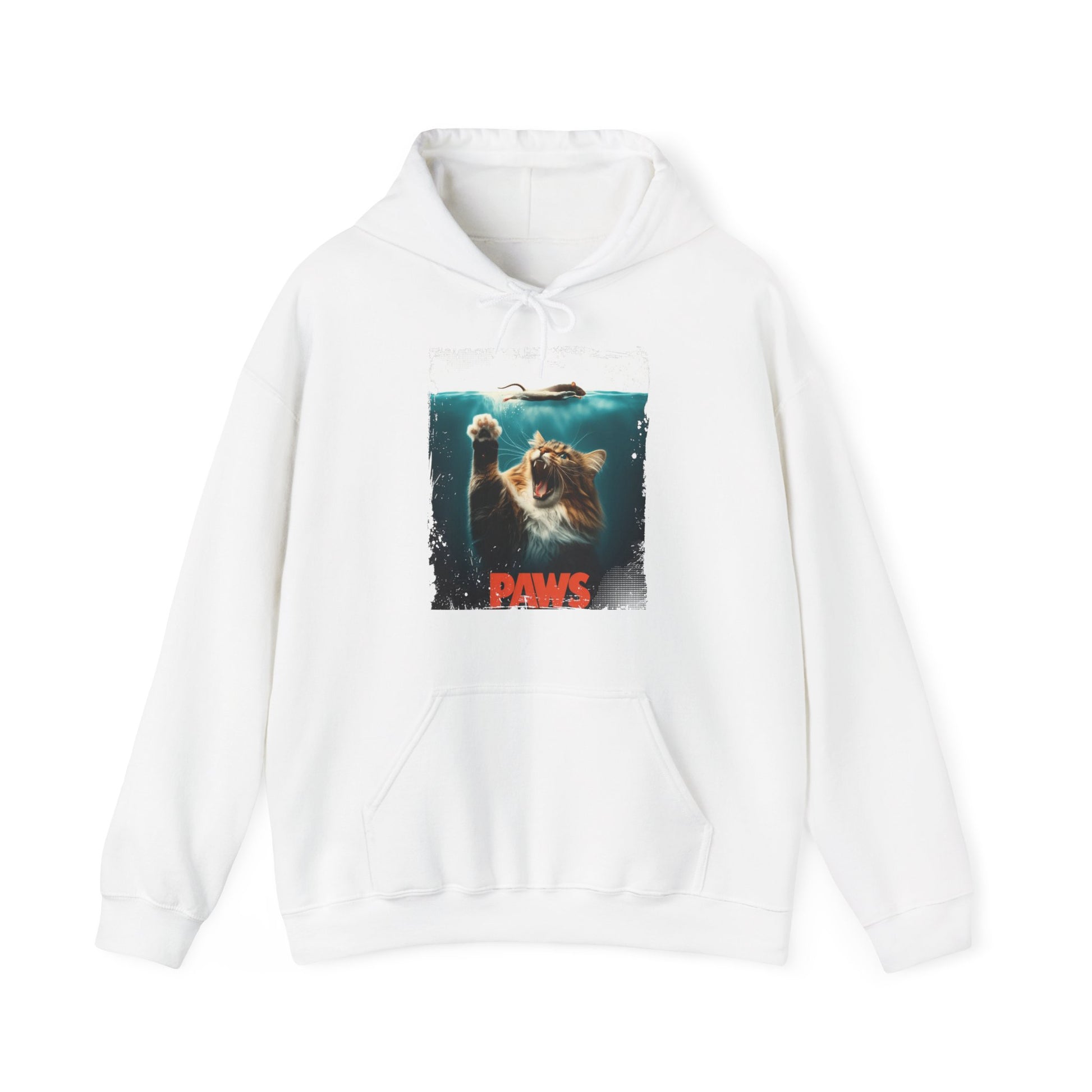 Front view of a white hoodie featuring a Jaws parody design with a cat’s paw reaching toward a swimmer and the text "Paws." Part of the Vivid Divergence Sensory Friendly Unisex Hoodie Range.