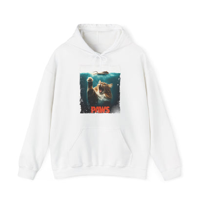 Front view of a white hoodie featuring a Jaws parody design with a cat’s paw reaching toward a swimmer and the text "Paws." Part of the Vivid Divergence Sensory Friendly Unisex Hoodie Range.
