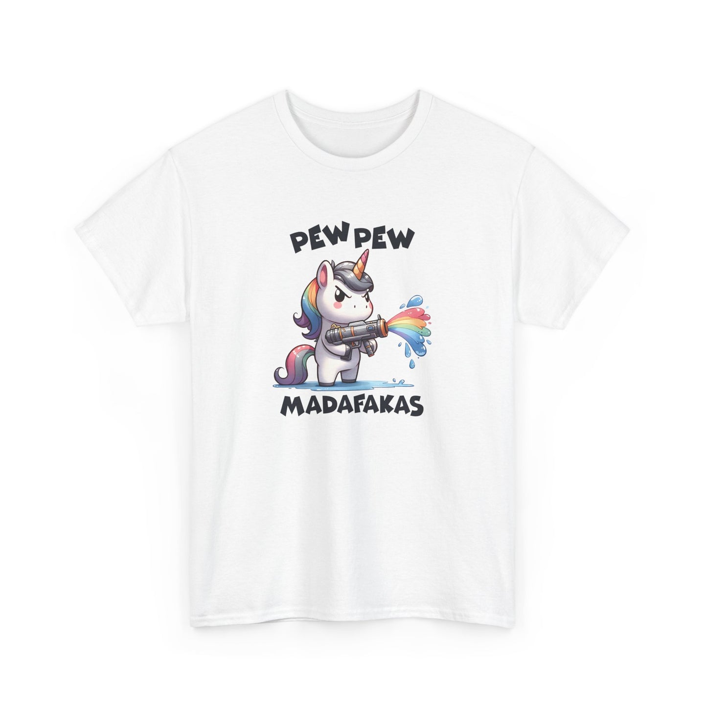 Front view of a white T-shirt with a "Pew Pew Madafakas" unicorn graphic. Part of the Vivid Divergence Sensory Friendly Unisex Tees Range.