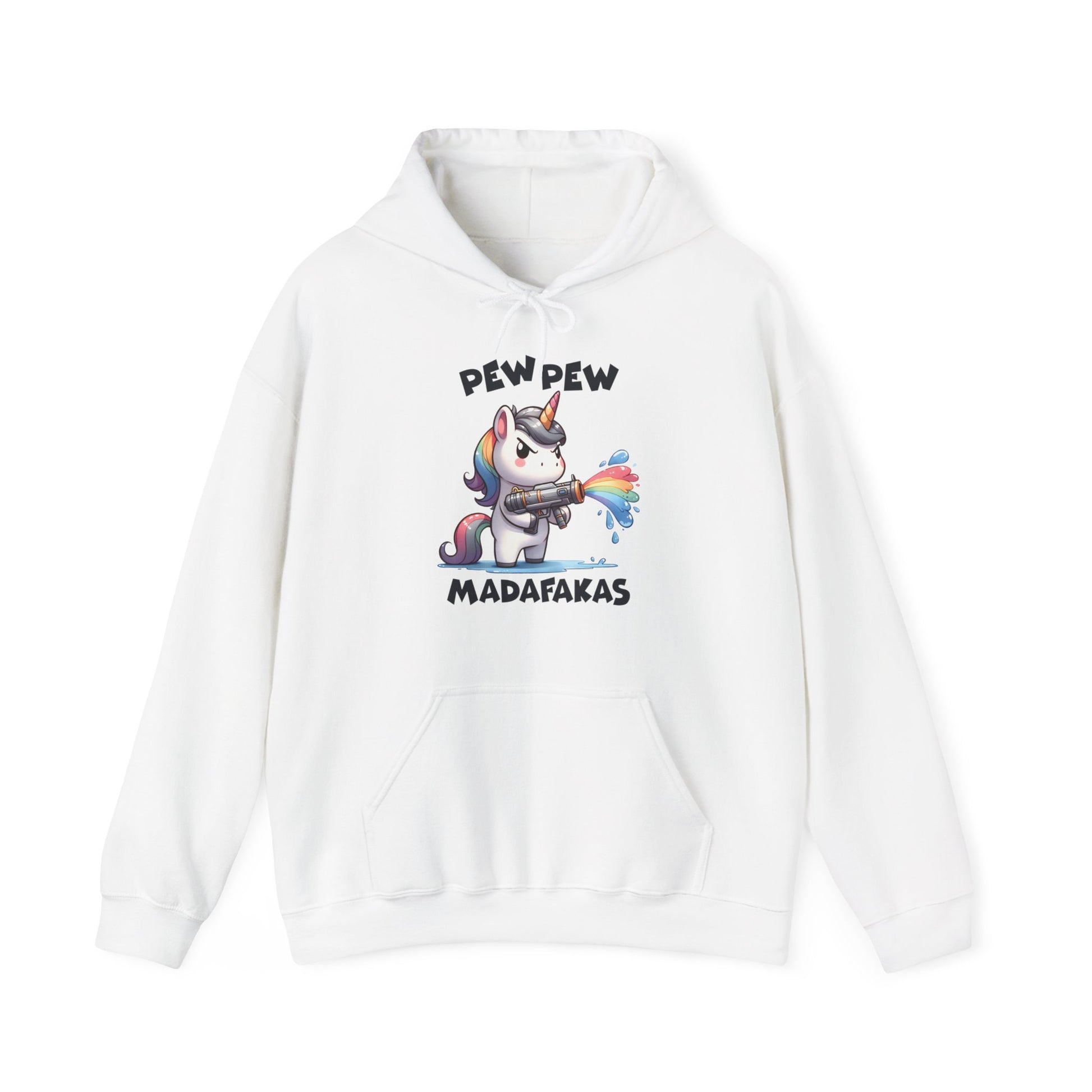 Front view of a white hoodie featuring the text "Pew Pew Madafakas" and a cartoon illustration of a unicorn holding a rainbow water gun. Part of the Vivid Divergence Sensory Friendly Unisex Hoodie Range.