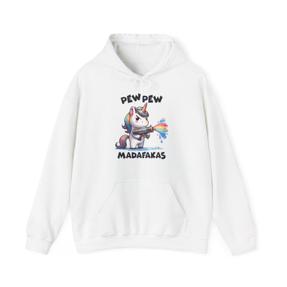 Front view of a white hoodie featuring the text "Pew Pew Madafakas" and a cartoon illustration of a unicorn holding a rainbow water gun. Part of the Vivid Divergence Sensory Friendly Unisex Hoodie Range.