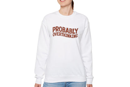 Model wearing a white sweater jumper with the text "Probably Overthinking" in bold red lettering. Part of the Vivid Divergence Sensory Friendly Unisex Sweater Jumper Range.