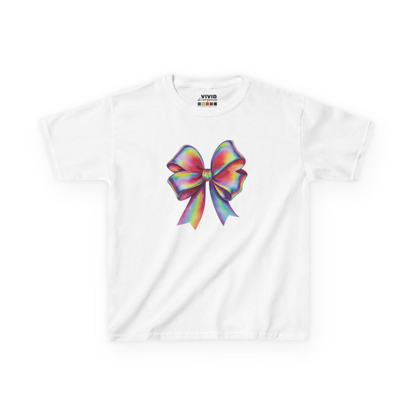 Front view of a white "Rainbow Holographic Bow" kids T-shirt featuring a colorful holographic bow graphic. Part of the Vivid Divergence Sensory Friendly Kids Shirts Range. The perfect T-shirt for sensory-sensitive kids and comes with a Sensory Satisfaction Promise.