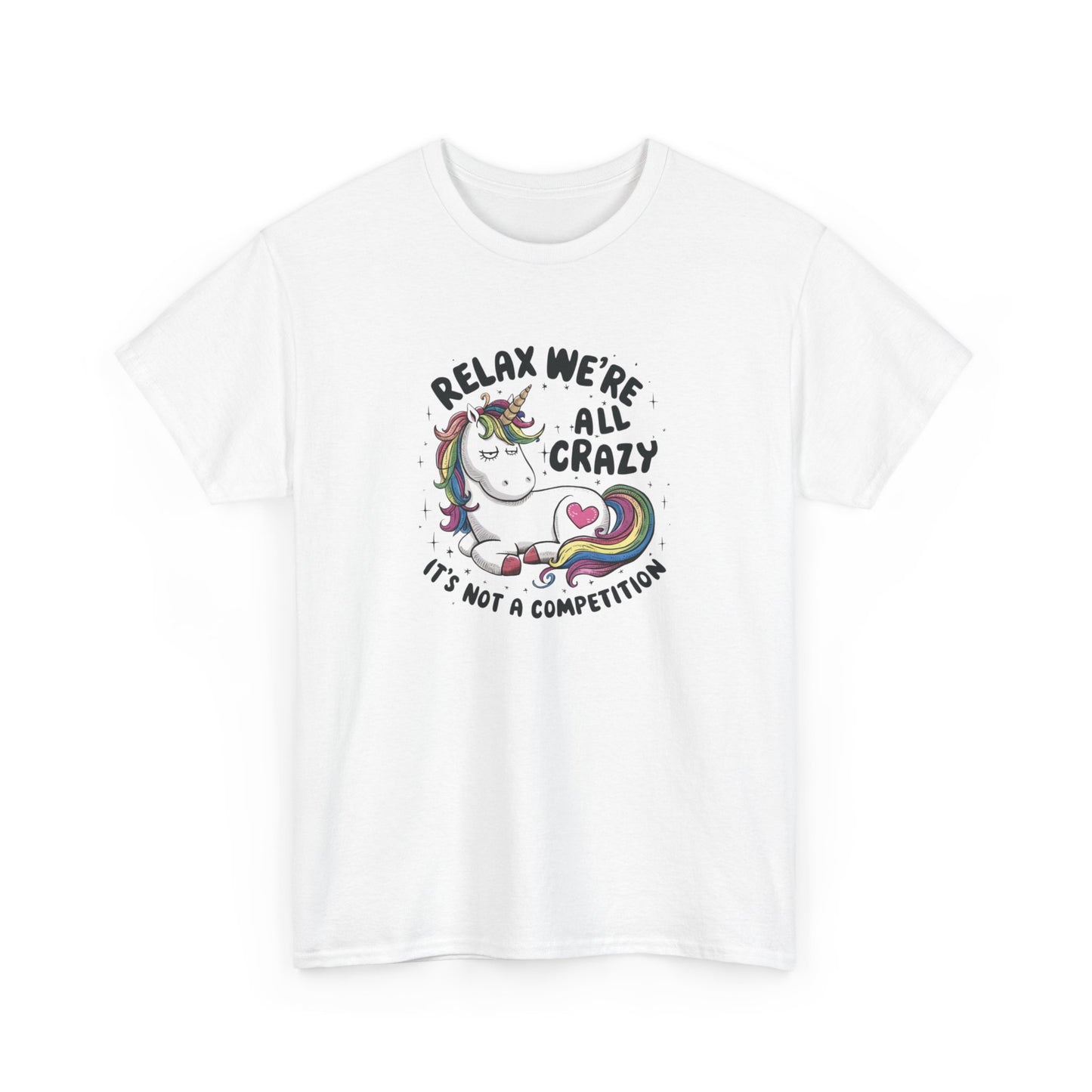 Front view of a white T-shirt with "Relax, We're All Crazy" and a whimsical cat graphic in black text. Part of the Vivid Divergence Sensory Friendly Unisex Tees Range.