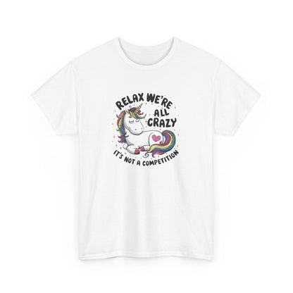 Front view of a white T-shirt with "Relax, We're All Crazy" and a whimsical cat graphic in black text. Part of the Vivid Divergence Sensory Friendly Unisex Tees Range.