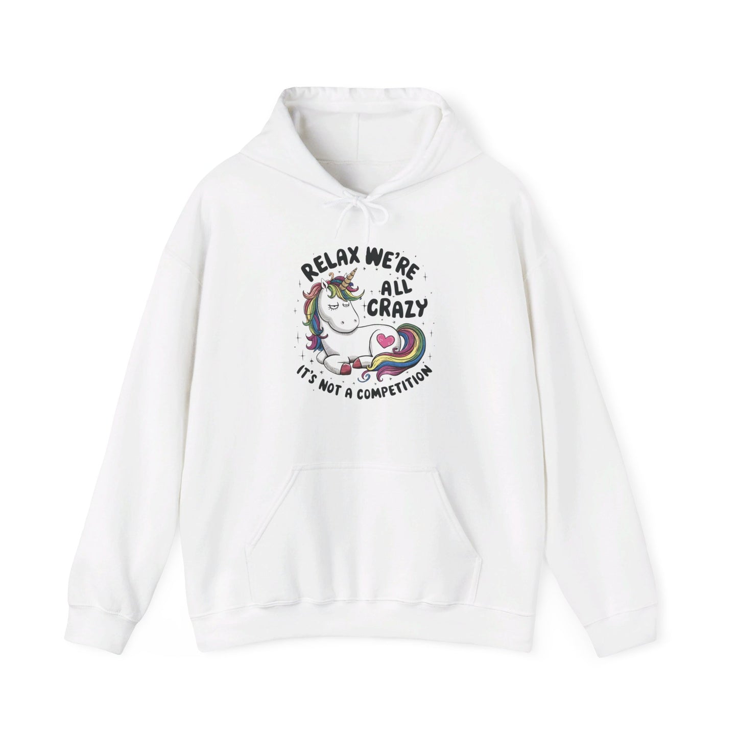 Front view of a white hoodie featuring the text "Relax, We're All Crazy" and a cartoon illustration of a raccoon in a teacup. Part of the Vivid Divergence Sensory Friendly Unisex Hoodie Range. 
