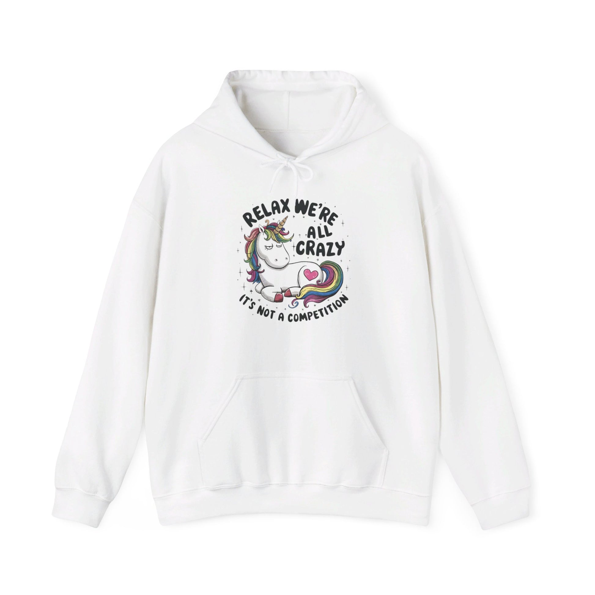 Front view of a white hoodie featuring the text "Relax, We're All Crazy" and a cartoon illustration of a raccoon in a teacup. Part of the Vivid Divergence Sensory Friendly Unisex Hoodie Range. 
