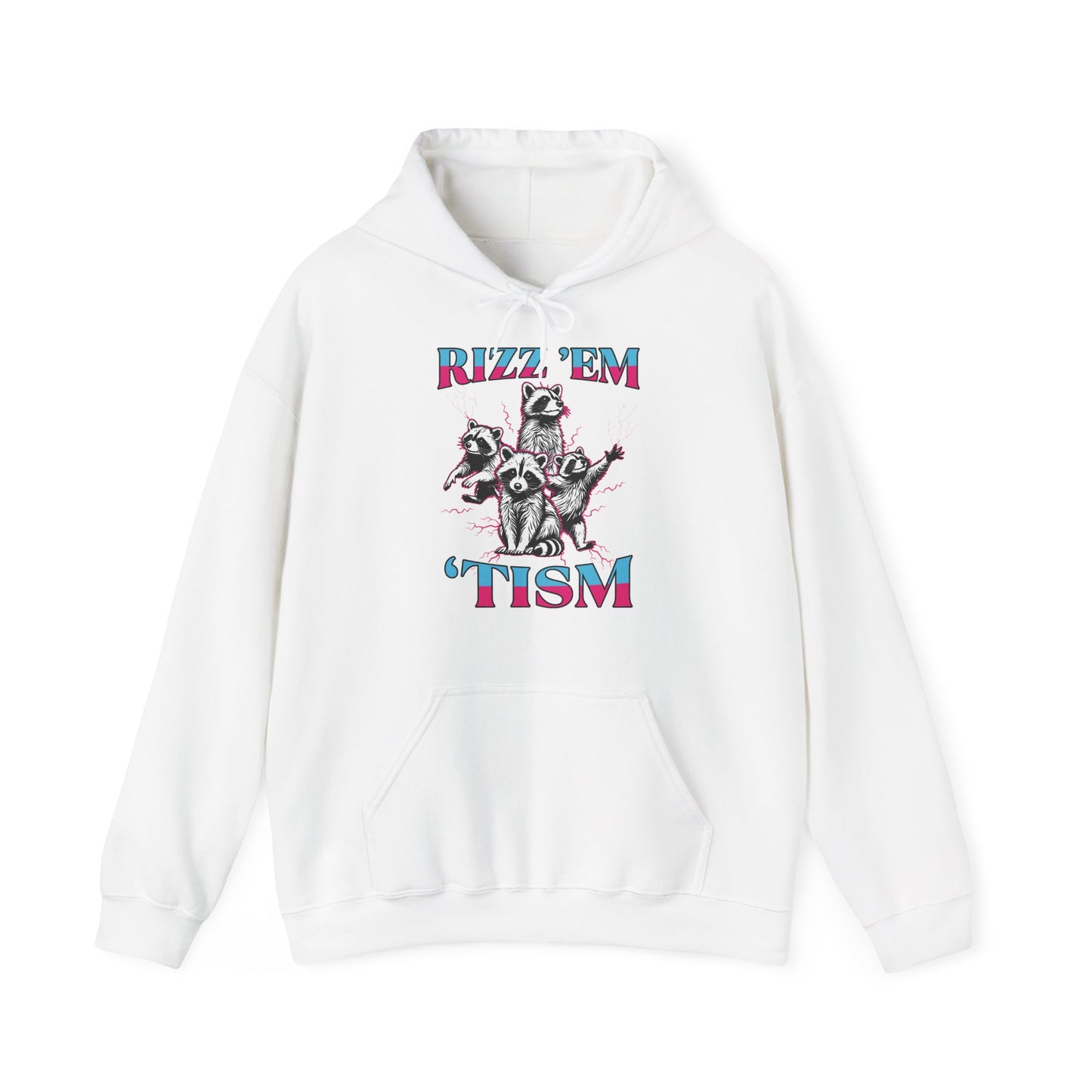 Front view of a white hoodie featuring a raccoon illustration with the text "Rizz 'Em 'Tism" in bold, colorful letters. Part of the Vivid Divergence Sensory Friendly Unisex Hoodie Range.