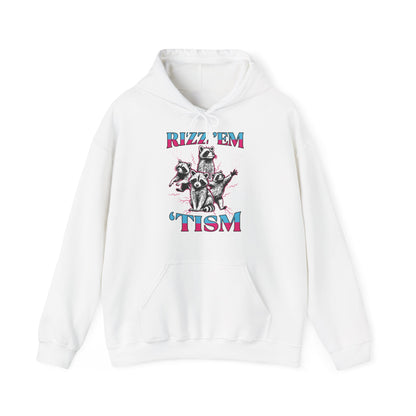 Front view of a white hoodie featuring a raccoon illustration with the text "Rizz 'Em 'Tism" in bold, colorful letters. Part of the Vivid Divergence Sensory Friendly Unisex Hoodie Range.