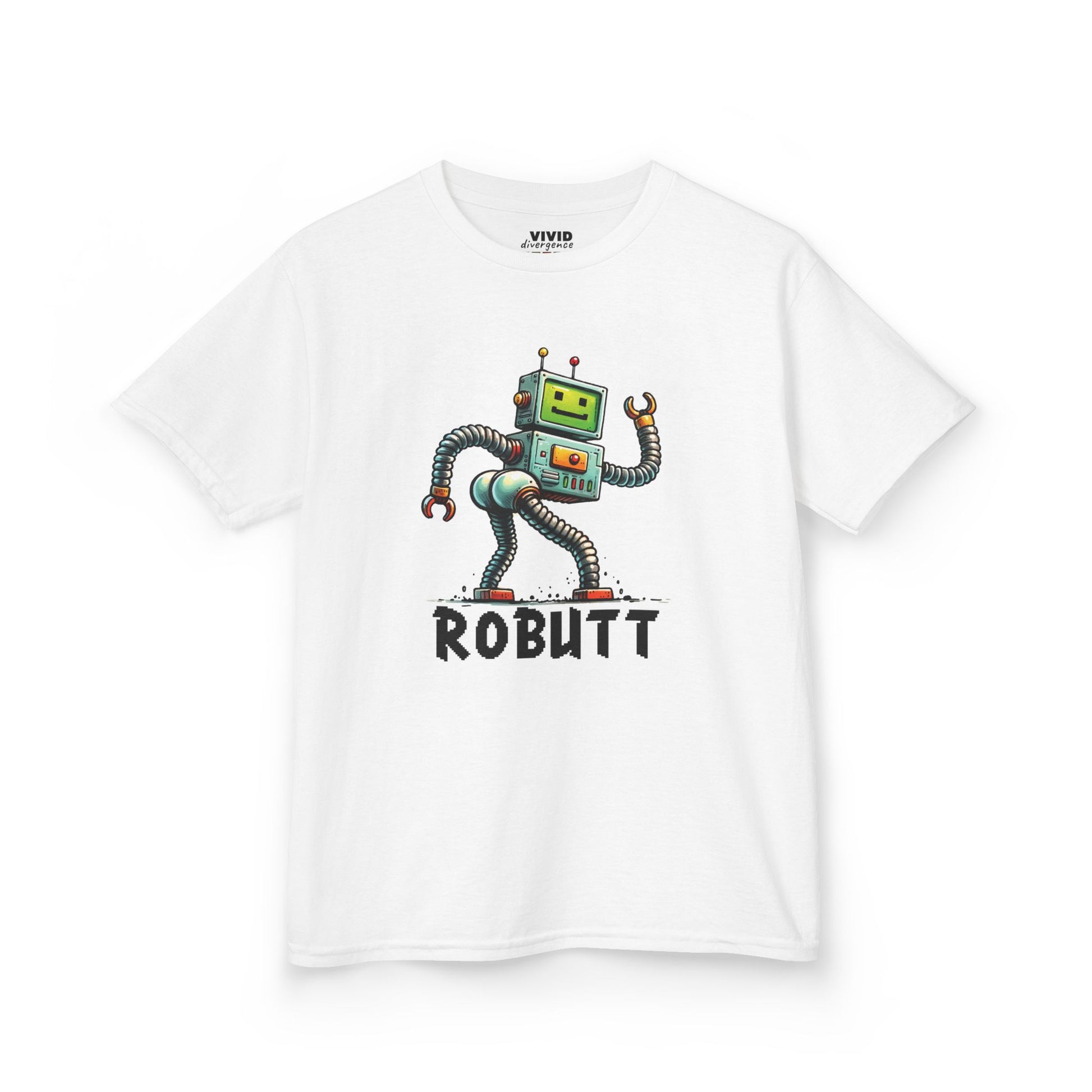 Front view of a white "Robutt" robot shuffle kids T-shirt featuring a playful cartoon robot mid-dance move. Part of the Vivid Divergence Sensory Friendly Kids Shirts Range. The perfect T-shirt for sensory-sensitive kids and comes with a Sensory Satisfaction Promise.