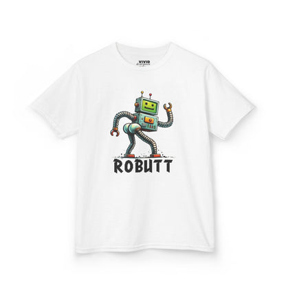Front view of a white "Robutt" robot shuffle kids T-shirt featuring a playful cartoon robot mid-dance move. Part of the Vivid Divergence Sensory Friendly Kids Shirts Range. The perfect T-shirt for sensory-sensitive kids and comes with a Sensory Satisfaction Promise.