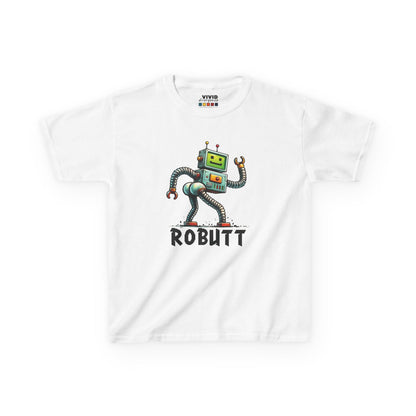 Front view of a white "Robutt" robot shuffle kids T-shirt featuring a playful cartoon robot dancing. Part of the Vivid Divergence Sensory Friendly Kids Shirts Range. The perfect T-shirt for sensory-sensitive kids and comes with a Sensory Satisfaction Promise.