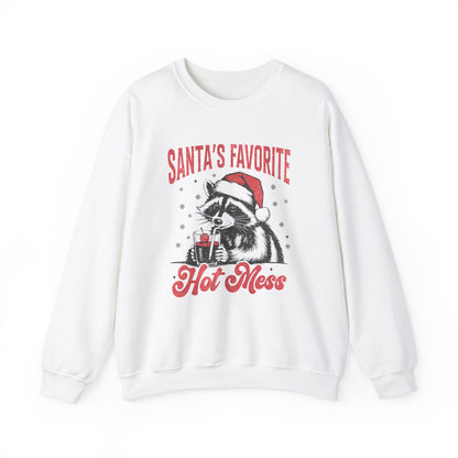 Front view of a white sweatshirt featuring a "Santa's Favorite Hot Mess" design with a festive raccoon wearing a Santa hat. Part of the Vivid Divergence Sensory Friendly Unisex Sweater Jumper Range.