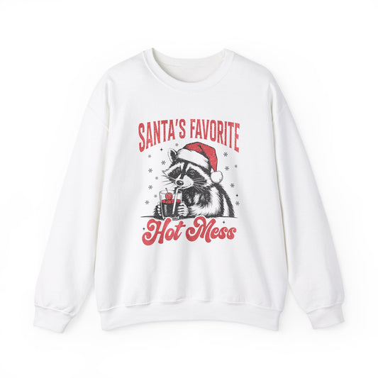 Front view of a white sweatshirt featuring a "Santa's Favorite Hot Mess" design with a festive raccoon wearing a Santa hat. Part of the Vivid Divergence Sensory Friendly Unisex Sweater Jumper Range.