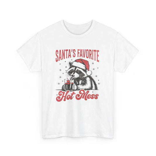 Front view of a white T-shirt featuring a "Santa's Favorite Hot Mess" design with a festive raccoon wearing a Santa hat. Part of the Vivid Divergence Sensory Friendly Unisex Tees Range.