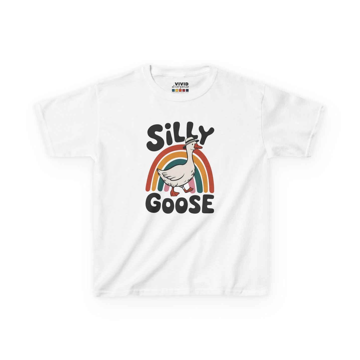 Front view of a white "Silly Goose" rainbow kids T-shirt featuring a cartoon goose with a colorful rainbow. Part of the Vivid Divergence Sensory Friendly Kids Shirts Range. The perfect T-shirt for sensory-sensitive kids and comes with a Sensory Satisfaction Promise.