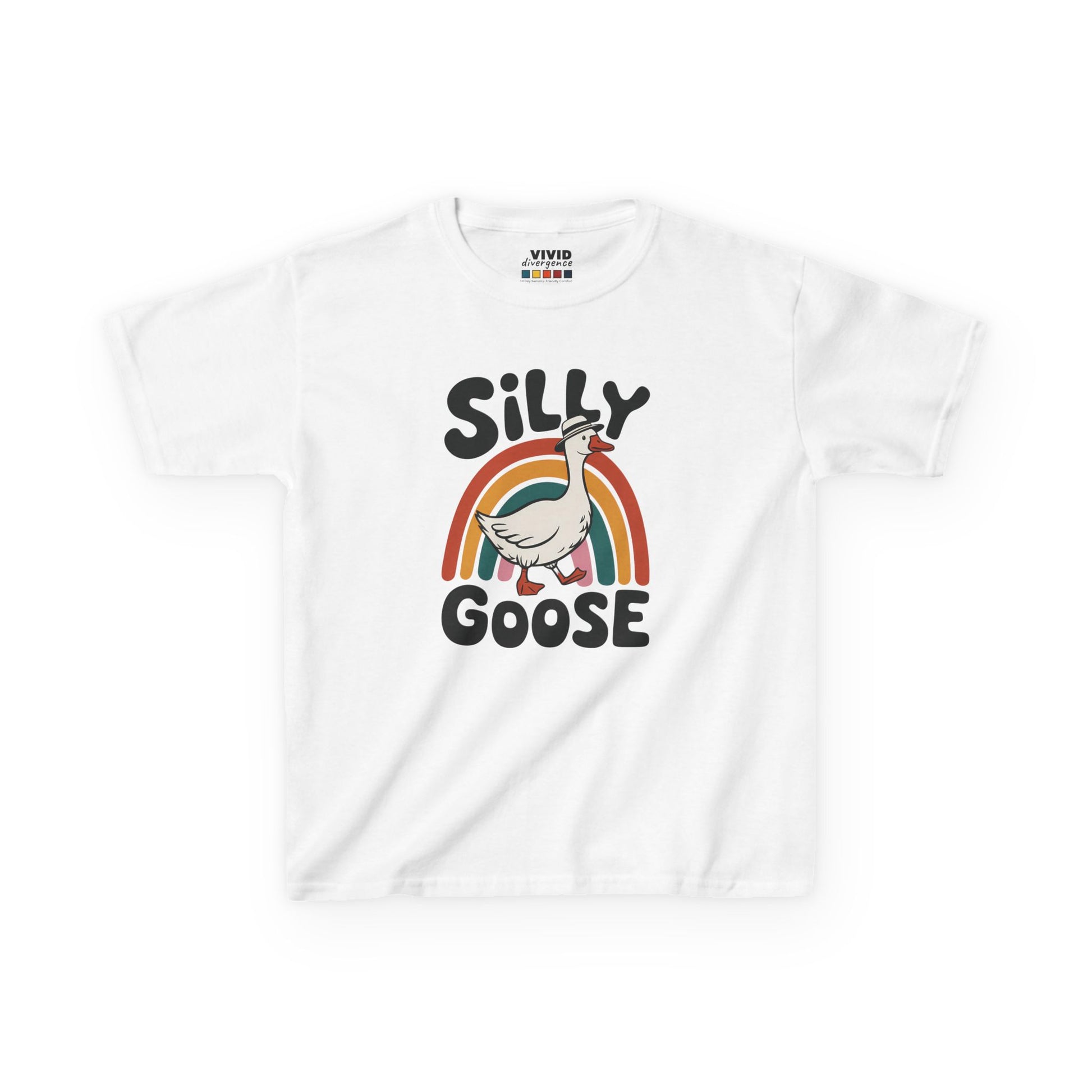 Front view of a white "Silly Goose" rainbow kids T-shirt featuring a cartoon goose with a colorful rainbow. Part of the Vivid Divergence Sensory Friendly Kids Shirts Range. The perfect T-shirt for sensory-sensitive kids and comes with a Sensory Satisfaction Promise.