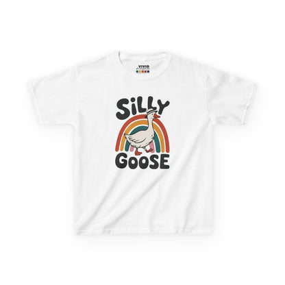 Front view of a white "Silly Goose" rainbow kids T-shirt featuring a cartoon goose with a colorful rainbow. Part of the Vivid Divergence Sensory Friendly Kids Shirts Range. The perfect T-shirt for sensory-sensitive kids and comes with a Sensory Satisfaction Promise.