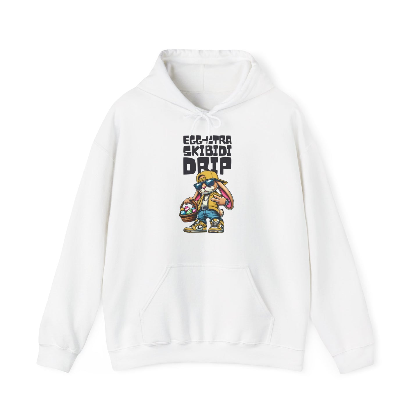 Front view of white hoodie with Skibidi Drip viral Easter graphic. Part of the Vivid Divergence Sensory Friendly Unisex Hoodies Range.
