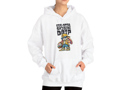 Woman wearing white hoodie with Skibidi Drip meme and Easter egg art. Part of the Vivid Divergence Sensory Friendly Unisex Hoodies Range.
